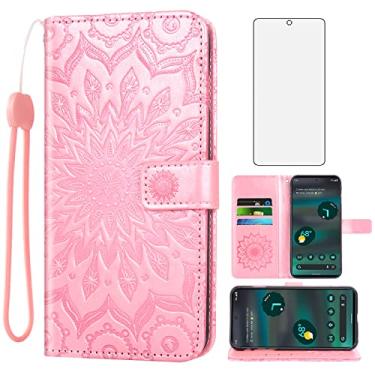 Imagem de Asuwish Capa de telefone para Google Pixel 6A 5G 2022 capas tipo carteira com protetor de tela de vidro temperado e couro de girassol, capa flip fina, suporte para cartões, acessórios para celular Pixel6A feminino, ouro rosa