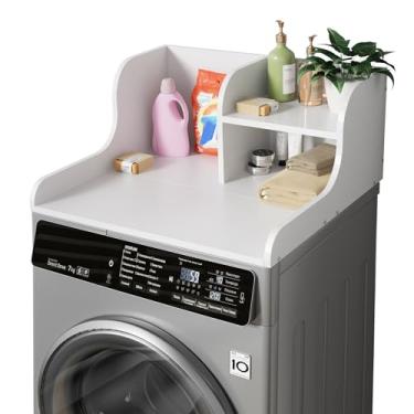 Imagem de DTK Bancada de lavadora e secadora com prateleira, 69,8 cm P x 68,5 cm L x 30 cm A, bancada de lavanderia com tiras antiderrapantes e trilhos de borda, bancada de secadora individual para