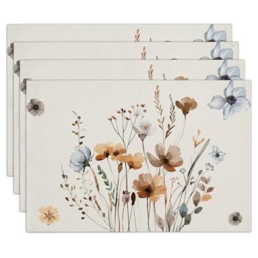 Imagem de Conjunto de 4 jogos americanos florais Boho 30,5 x 45,7 cm, impermeável, lavável e resistente ao calor, jogo americano de mesa para jantar, restaurante, decoração de casa de fazenda, decoração de mesa