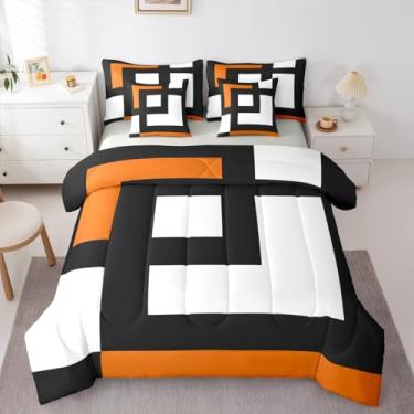 Imagem de Erosebridal Conjunto de edredom solteiro listrado azul, preto e branco, geométrico, quadrado, abstrato, 7 peças, para adultos, mulheres, homens, moderno, geométrico, linhas ousadas, conjunto de cama