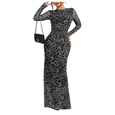 Imagem de Vestido maxi Verdusa Cheetah com estampa de manga comprida cinza para 