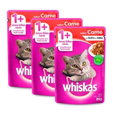 Imagem de Kit 3 Ração Úmida para Gatos Whiskas Adulto 1+ Anos Sabor Carne ao Mol