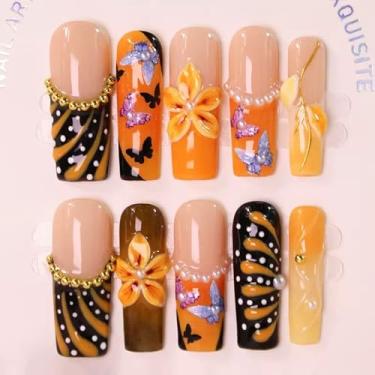 Imagem de Unhas postiças quadradas longas feitas à mão com cola, unhas postiças de borboleta com glitter com desenhos de flores 3D, unhas grossas, laranja, reutilizáveis, natureza, bastões para mulheres