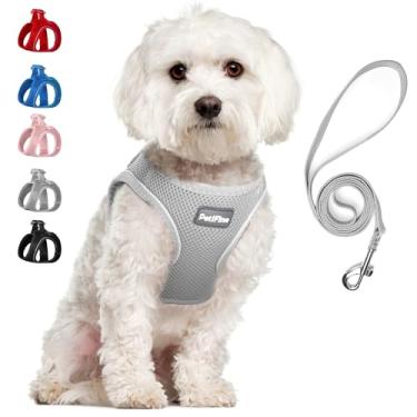 Imagem de PetiFine Conjunto de coleira e peitoral para cães pequenos, malha respirável para todos os climas, à prova de fuga reflexiva, coletes para filhotes (P, cinza)