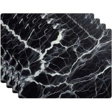 Imagem de Conjunto de 4 jogos americanos com revestimento de cortiça, design de mármore, decoração de mesa de jantar e banquete, jogo americano rígido 30,5 x 40,6 cm (preto)