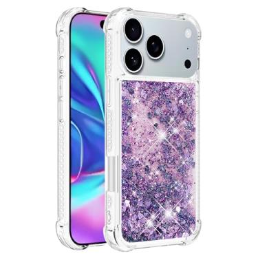 Imagem de Capa de telefone à prova de choque para iPhone 17 Pro com glitter líquido de areia movediça e corações flutuantes, capa de TPU de camada dupla reforçada com 4 cantos, protetor de telefone seguro