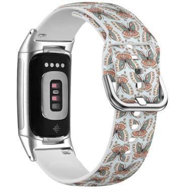 Imagem de MRAKPLGE Pulseira de relógio esportivo, estampa de borboleta boho, compatível com FitBit Charge 6 e Fitbit Charge 5, pulseira de silicone macio de substituição