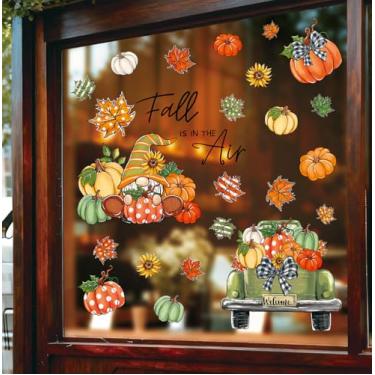 Imagem de Whaline 6 folhas de outono adesivos de janela verde-laranja gnomo abóbora caminhão folha de bordo decalques reutilizáveis para janela de outono colheita de ação de graças decoração de casa escritório