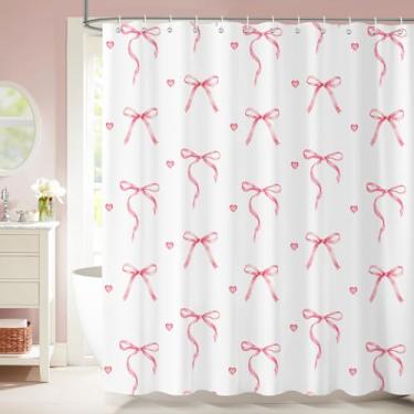 Imagem de Dazzlewall Cortinas de chuveiro de gravata borboleta rosa, lindo conjunto de cortinas de chuveiro para meninas, decoração de banheiro, cortinas rosa modernas com ganchos, tecido impermeável 183 x 182
