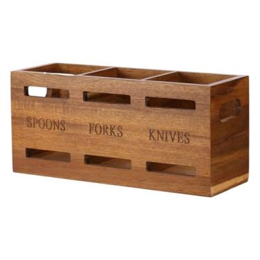 Imagem de Organizador de gaveta de madeira com etiquetas, organizador multifuncional de bandeja de utensílios de cozinha com 3 compartimentos para organização de talheres, talheres, colheres e facas