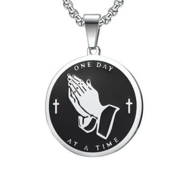 Imagem de Tapp Collections Colar de oração de serenidade com pingente de moedas de mãos rezando - Estilo B/cor preta prata