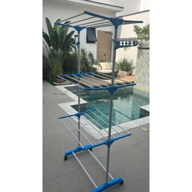 Imagem de Varal de Chão Dobrável 3 Andares Rodinhas Prateleiras Retráteis e Refo