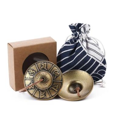 Imagem de Homelavie Sinos de meditação com pratos tibetanos Tingsha 6,3 cm Om Mani Padme Hum Sino de latão com caixa de presente bolsa de pano com cordão para cura de som, ioga, instrumentos de meditação para