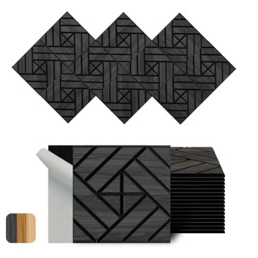 Imagem de WoveN SounD Painéis de parede acústicos artesanais, carvalho preto, 30 x 30 cm, pacote com 16, trama de grade | folheado de madeira | adesivo | absorção de som | amortecimento de som | à prova de som