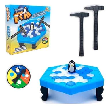 Imagem de Pinguim Numa Fria, Jogo de Tabuleiro Infantil, Azul e Branco, Base Hexagonal 17cm, Conjunto com 12 Peças Azuis, 12 Brancas, 2 Martelinhos, Roleta e Pinguim