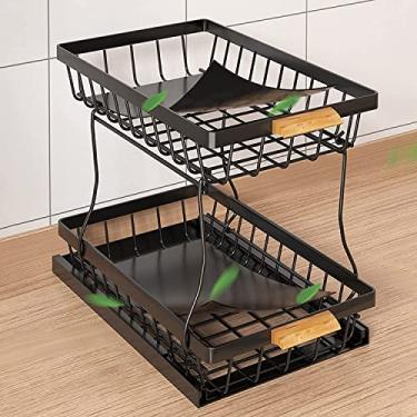 Imagem de Organizador para debaixo do lavatório, organizador empilhável de 2 níveis para debaixo da pia com gaveta de armazenamento deslizante, para casa de banho, cozinha, prateleira de armazenamento preto