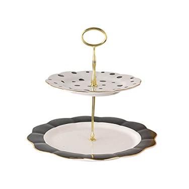 Imagem de Suporte de bolo preto e branco, mesa dupla de sobremesa com alça de metal, suporte de exibição de cupcake para chá da tarde, bandeja de serviço de pastelaria, suportes de sobremesa