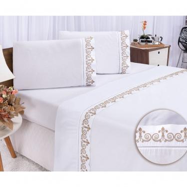 Imagem de Jogo Lençol Atenas Quarto Casal Queen Bordado 4 Peças 2fronha Cor: Branco Com Caqui
