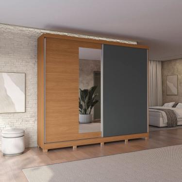 Imagem de Guarda-roupa 2 Portas de Correr e 4 Gavetas com Espelhos e Pés Dormitorio Bigger Lo Canela/Grafite