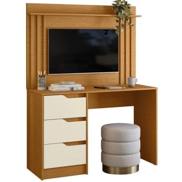 Imagem de Escrivaninha Doble 3 Gavetas com Painel para TV até 42 Polegadas Ripado Albatroz Cor Cinamomo Off White