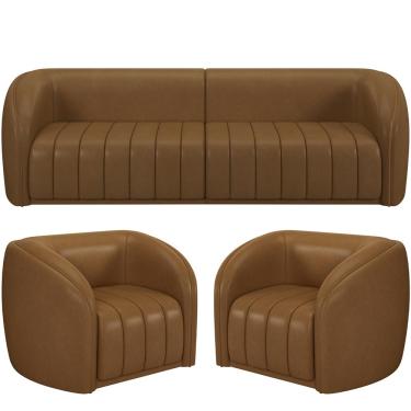Imagem de Kit Sofá 04 Lugares Para Sala 292 cm com 02 Poltronas Lazio M03 Couríssimo Whisky - Lyam Decor