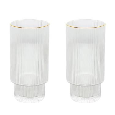 Imagem de Jogo 2 Copos Altos 400Ml Cristal Canelado Borda Dourada Ouro