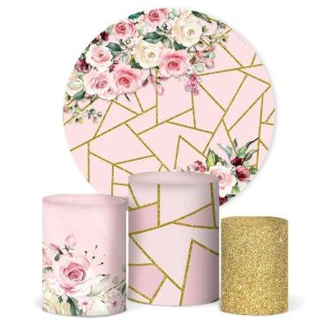 Imagem de Painel De Festa E Capa Cilindro Decora Floral Rosa Geométric