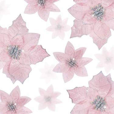 Imagem de Norme 18 peças, 3 tamanhos, flores de poinsétia com glitter, flores artificiais de poinsétia com clipes, enfeites de árvore de Natal para guirlanda de árvore de Natal, casamento, ano novo, decoração