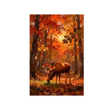 Imagem de Quadro arte parede outono-Veado amarelo floresta Impressões em tela paisagens-Pintura animais para sala estar decoração fazenda 20x30cm Sem Moldura