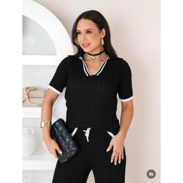 Imagem de Conjunto blusa gola marinheiro calça pantalona cordão tricot modal tranças conforto-Feminino