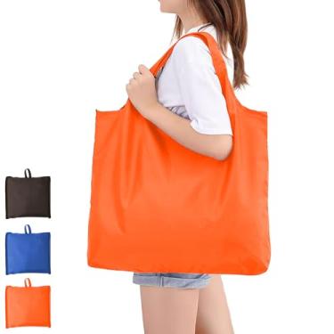 Imagem de Pacote com 1 sacola grande dobrável, reutilizável e resistente à água de nylon com alças para mulheres, perfeita para compras, viagens, armazenamento de mantimentos, 51 x 43 cm, laranja