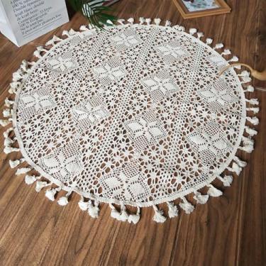 Imagem de Wuluwala Toalha de mesa de cabeceira de renda redonda de crochê feita à mão com borlas, toalha de mesa lateral de malha bege lenço para mesas de vaso de casamento, tapetes de festa 68,5 cm