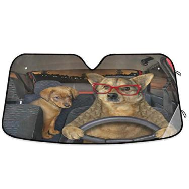 Imagem de Protetor solar de para-brisa Oarencol Fun Two Dog Driving Car para-brisa para-sol dobrável UV Ray protetor solar para manter o seu veículo fresco (55" x 27,6")