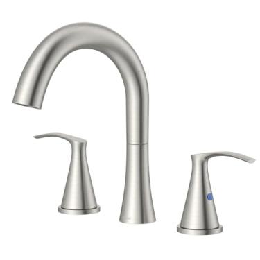 Imagem de APPASO Torneira de banheiro generalizada com 3 furos, níquel escovado moderna 2 alças torneira de pia de banheiro 20 cm arco alto de aço inoxidável com drenagem pop-up e linhas de abastecimento de