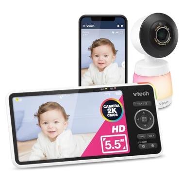 Imagem de VTech Monitor de bebê WiFi inteligente, tela LCD IPS HD de 5,5 polegadas 720p, câmera 1080p, visão noturna infravermelha, zoom panorâmico remoto, conversa bidirecional, luz noturna multicolorida, sons