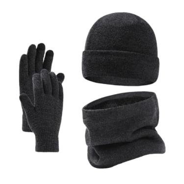Imagem de Conjunto de luvas masculinas de inverno com chapéu e cachecol, gorro de malha, gorro de lã, aquecedor de pescoço, cachecol touchscreen, conjunto de luvas cinza profundo9