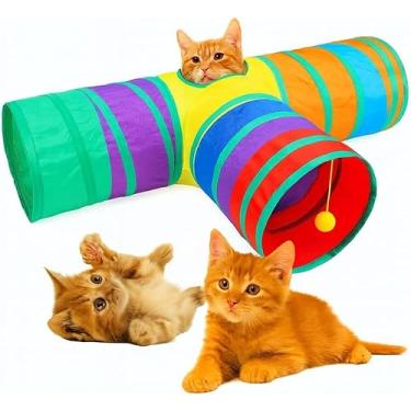 Imagem de Túnel Interativo para Gatos, 3 Saídas em T, Pop-Up Portátil,Exercício e Aventura Colorido,Com Guiso,Para Gatos e Pets