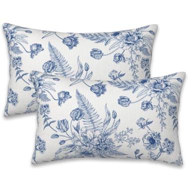 Imagem de Naqiuli Conjunto de 2 capas de almofada de flores azuis com peônia e samambaias, 50 x 30 cm, moderna, fazenda, casa, decorativas, capas de almofada para sofá, sala de estar, escritório