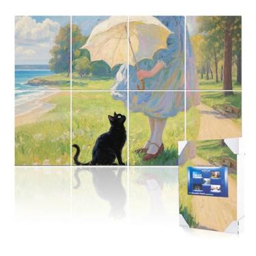 Imagem de Mollywell Painéis acústicos artísticos 122 x 81 cm x 0,4 polegadas, guarda-chuva, gato e beira-mar | Absorção de som | Decoração de parede autoadesiva à prova de som | Painéis de amortecimento de som