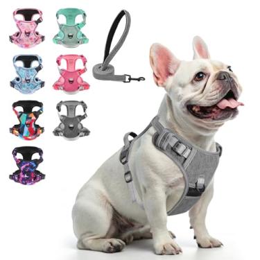 Imagem de BEAUTYZOO Peitoral para cães grande, ajustável e conjunto de coleira para cães – Fácil de usar com 3 fivelas/alça de controle, colete refletivo macio acolchoado para treinamento, caminhada, cinza, P