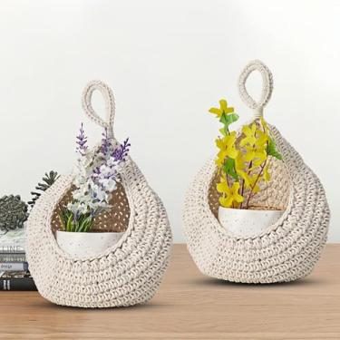 Imagem de Cesta de frutas pendurada na parede, cesta de armazenamento de corda de algodão tecida à mão, bolsa organizadora de vegetais montada na parede para cozinha e decoração de casa (branca)