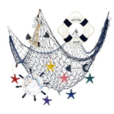 Imagem de OQUQO Conjunto de arte de parede náutica costeira com rede de pesca, roda de navio, esqueleto de peixe, anel de vida, âncora, estrela do mar, decoração temática de praia de oceano de madeira (azul)