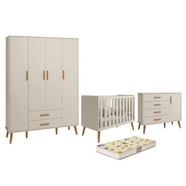 Imagem de Dormitório Infantil Isis Guarda Roupa 4 Portas, Cômoda 1 Porta E Berço Areia Com Colchão D18 - Reller Móveis Areia