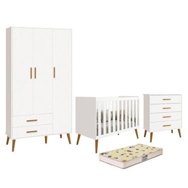 Imagem de Dormitório Infantil Isis Guarda Roupa 3 Portas, Cômoda E Berço Branco Com Colchão D18 - Reller Móveis Branco