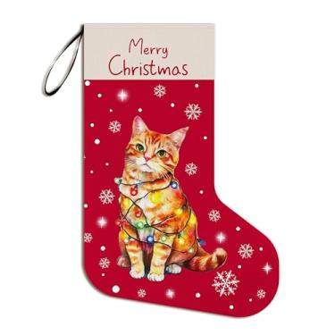 Imagem de Tzhim Meias de Natal de gato malhado laranja, presentes para amantes de mães e senhoras, para amantes de animais de estimação, Natal para mulheres, meia suspensa de Natal para decoração de festa de