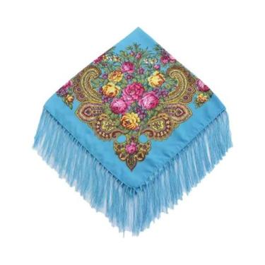Imagem de Lenço Quadrado Floral com Franjas - Estilo Ucraniano Babushka, Céu azu