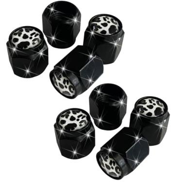 Imagem de 8 peças de tampas de haste de válvula de pneu com estampa de vaca, tampa de válvula de ar preta de metal, tampas de haste de roda de carro de alumínio, capas de haste universais para carros, caminhões