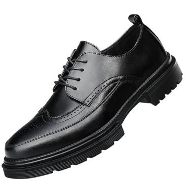 Imagem de Sapato social masculino plataforma vintage couro Brogue Wingtip Oxfords clássico cadarço sola casual Derby sapatos, Preto, 39
