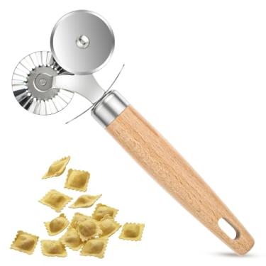 Imagem de LXUEJIE Roda dupla para cortador de pastelaria, pastelaria e cortador de massa com cabo de madeira requintado, ferramenta de cozimento de cabeça dupla para casa e cozinha, para macarrão, pizza