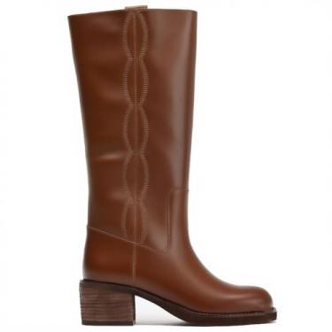 Imagem de YIYA Botas femininas cano alto bico quadrado panturrilha larga bloco grosso salto baixo botas longas sem cadarço, Marrom, 36